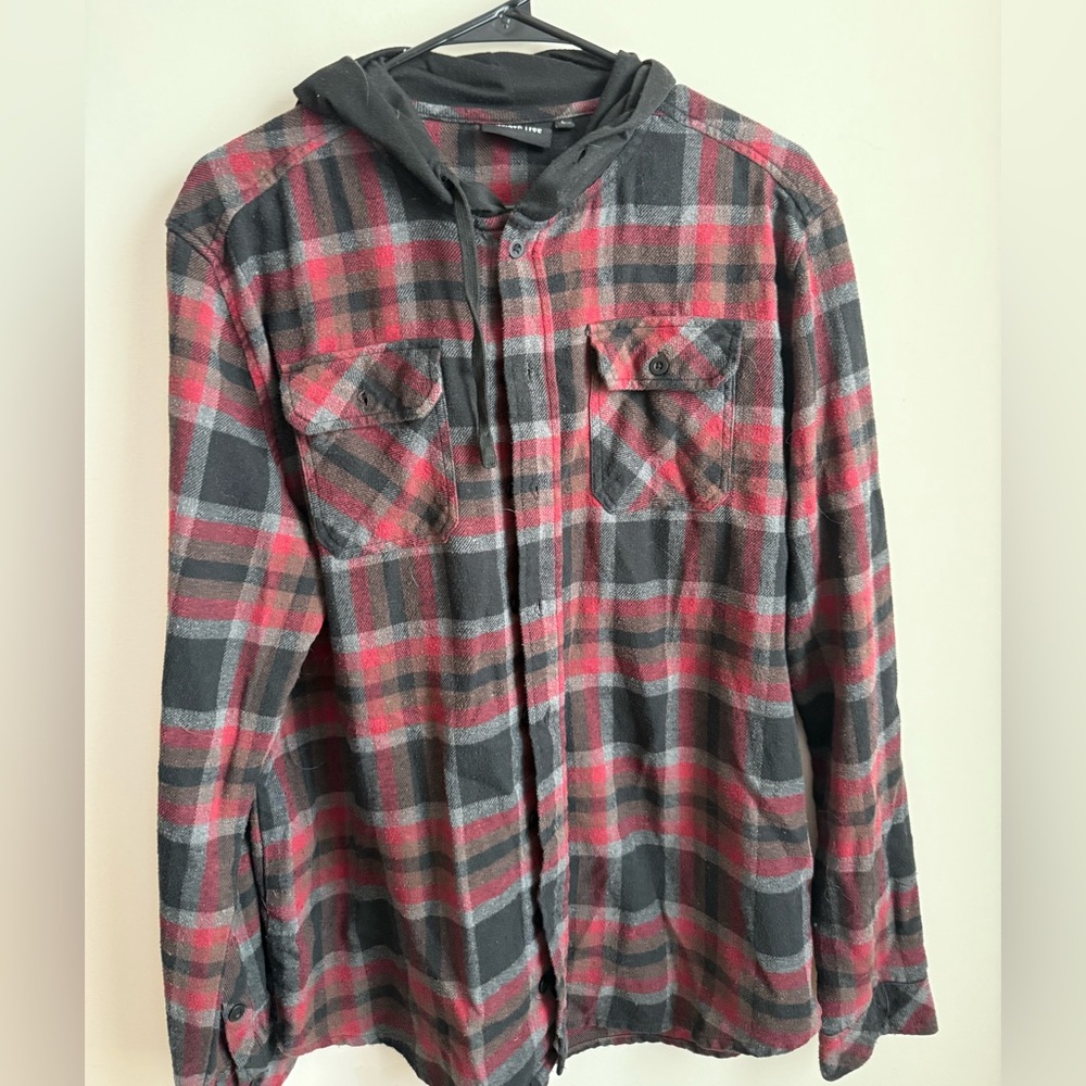 Men’s  Plaid Hooded flannel Shirt large